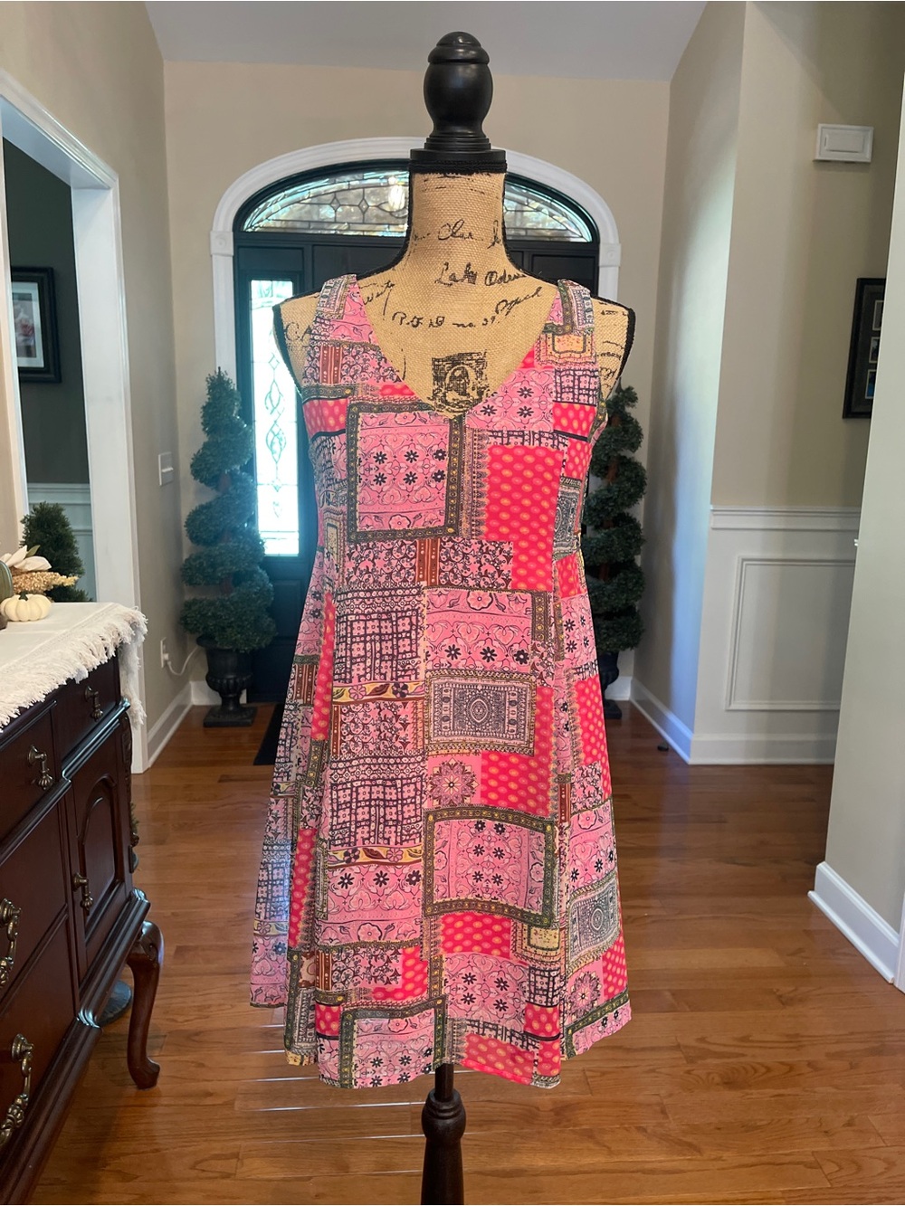Pink Owl Quilt Patchwork Style Sleeveless Swing Dress Women's Size Small